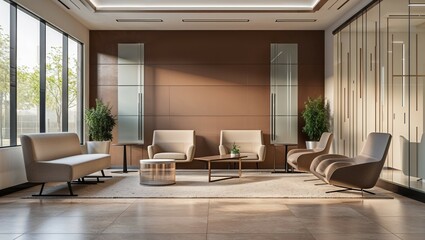 A bright, contemporary living room features a luxury sofa and armchair facing a TV, illuminated by natural light through a large window