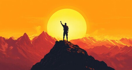 Naklejka premium A man is standing on a mountain top, with a large sun in the background. Generative AI