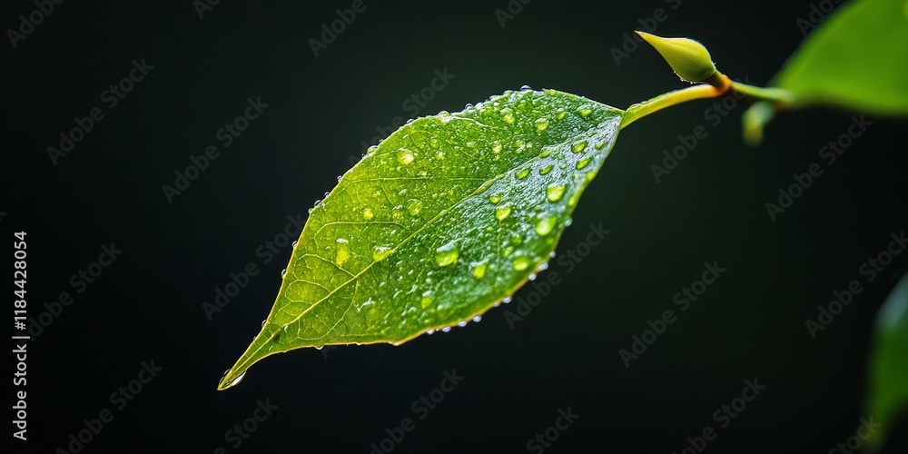 Poster dropping a green leaf with a pointed end creates a captivating visual, showcasing the beauty and int
