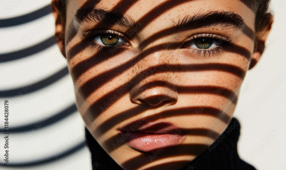 Poster captivating portrait with dramatic shadow play highlighting freckles and intense expression