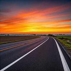 sunset on the highway. beautiful sun rising sky with asphalt highways road in rural. golden hour road view.