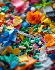Fototapeta premium A Vibrant Hodgepodge of Colorful Paper Confetti and Plastic Beads Close Up Abstract