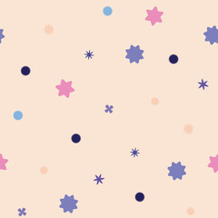 Abstract Seamless Pattern. A mix of Purple lavender pink and blue geometric shapes, stars and circles for modern design