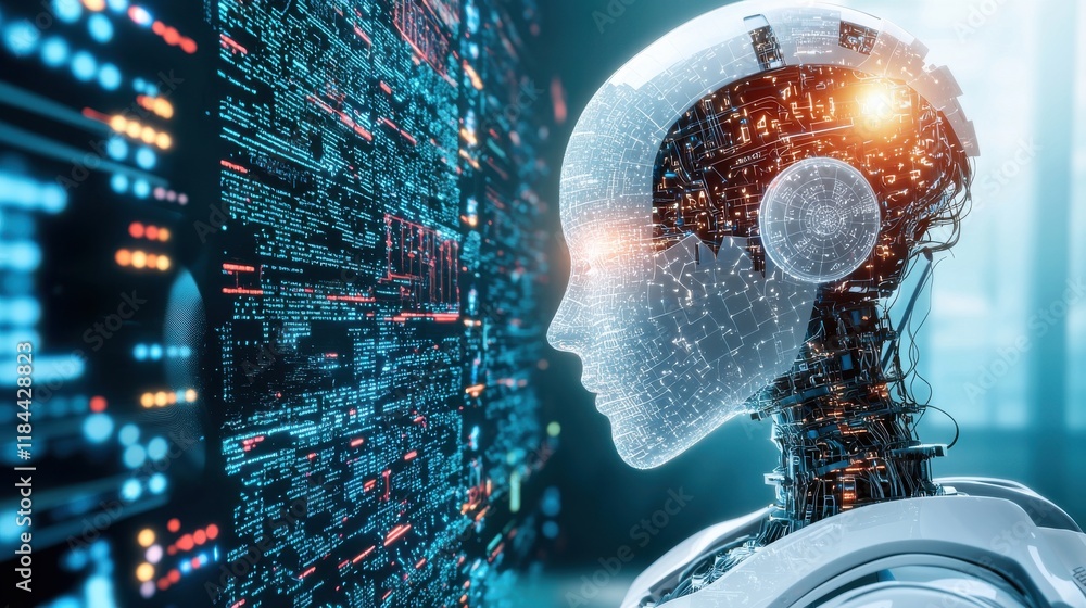 Aufkleber futuristic cyborg robot with digital brain and glowing data connections representing intelligence an