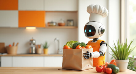 A robot cook with a bag full of vegetables in the kitchen