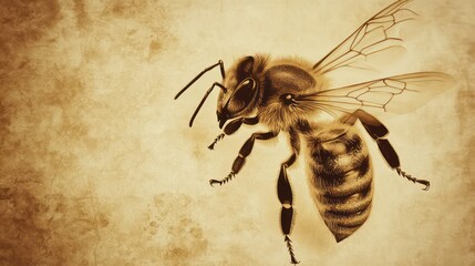 Vintage Honeybee Illustration: Detailed Anatomy and Artistic Composition in Sepia Tones, Capturing the Beauty of Flying Insects with Ethereal Lighting and Textured Background