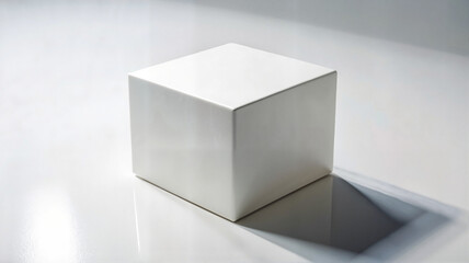 White cube on reflective surface with soft lighting