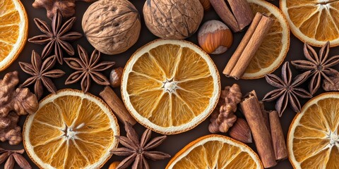 Christmas decoration featuring star anise, cinnamon stick, nuts, and dried orange slices, captured from a top view. This festive Christmas decoration creates a warm holiday atmosphere.
