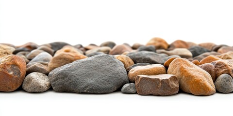 Obraz premium Isolated brown stones on a white background showcase the beauty of natural brown stone. A garden decorated with brown stone and gravel creates a serene landscape featuring brown stone elements.