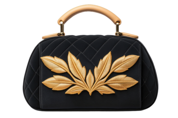 Velvet prosperity idea. Elegant black handbag with golden leaf design, perfect for fashion enthusiasts.