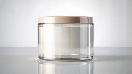 Glass jar with gold lid on light blue background