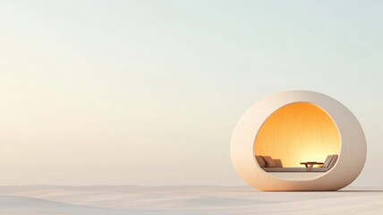 Obraz premium A sleek, futuristic pod-like shelter glowing softly in the middle of a barren desert