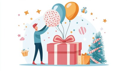 Colorful Gift Box with Balloons and Christmas Tree in Winter