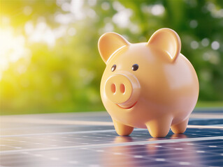 A cute piggy bank in soft golden hues sits outdoors on a wooden table, symbolizing savings, wealth, and future planning with ample copy space.