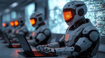 Futuristic Robots Working on Laptops in a High-Tech Environment