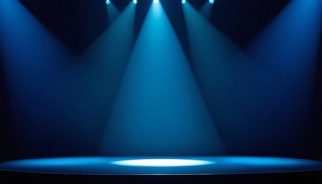 Blue Spotlights and Stage,Dramatic Blue Spotlight on Dark Stage: Theatrical Lighting for Concert Promotions, Event Marketing, and Design Projects 641