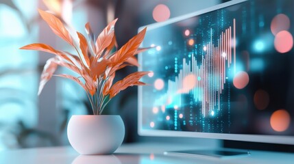 Futuristic digital market data chart and financial analysis dashboard on display screen