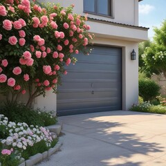 Automatic garage door opener with a blooming rose bush and a garden path, automatic door mechanisms, home automation, opening closing mechanism