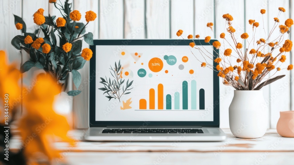 Poster modern laptop with business analytics graph on display on desk