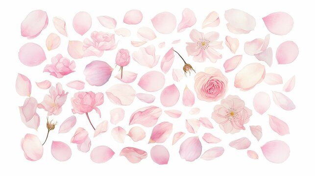 Delicate Rose Pink Petals, Elegant watercolor illustration of transparent rose pink petals, perfect for enhancing wedding stationery and card designs with a touch of romance.