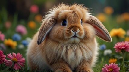 Adorable Fluffy Lop Bunny in a Blooming Spring Meadow