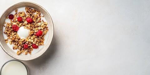 Granola and milk served on a plate against a light background, highlighting the importance of proper nutrition for tomorrow and a healthy lifestyle with granola.
