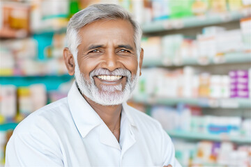 Obraz premium A senior pharmacist smiling warmly inside a brightly lit pharmacy. The professional expertise and care are evident in his expression, fostering trust and reliability.