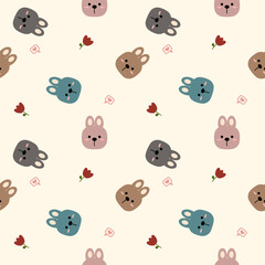 Face rabbit cartoon so cute. On flower heart background. Pattern seamless vector illustration. 
