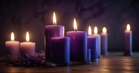 Flickering candlelight with deep blues and purples, ethereal, warm