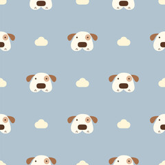 Face dog cartoon so cute. On cloud light blue background. Pattern seamless vector illustration. 