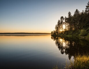 Fototapeta premium Serene Sunset Reflection on Calm Lake with Silhouetted Pine Trees