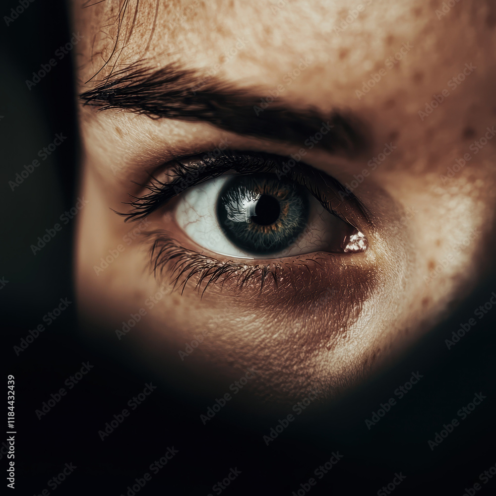 Poster intricate close-up of a human eye capturing detail and emotion through precise focus and vivid textu