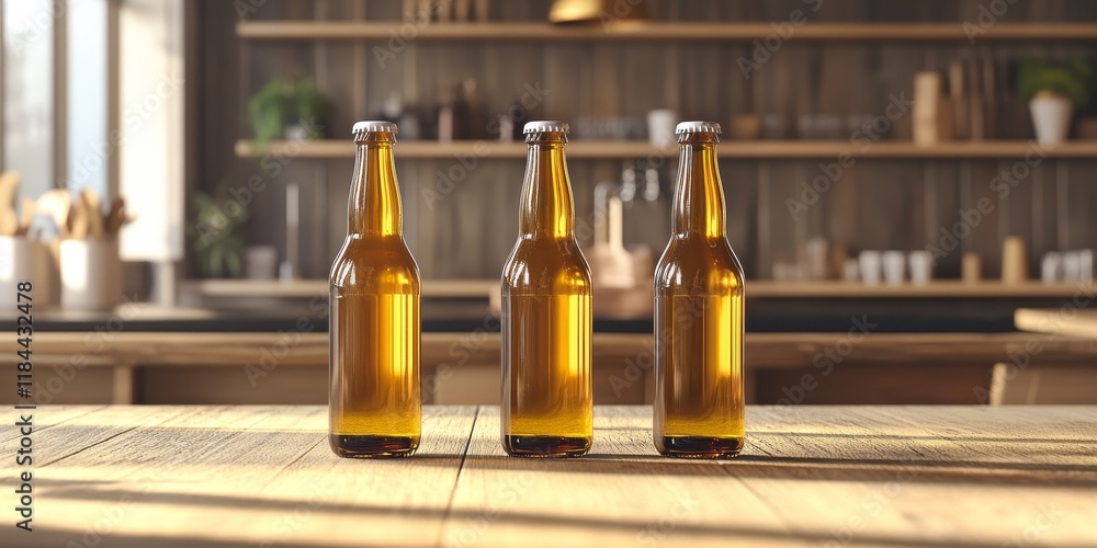 Poster three beer bottles displayed in a creative mock up setting, showcasing the beer bottles design and b