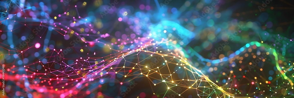 Poster abstract network of vibrant, interconnected glowing points and lines. represents data, technology, a