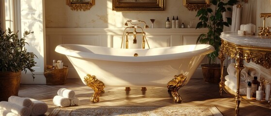 Luxurious bathroom filled with warm sunlight features freestanding bathtub, elegant gold accents and neatly arranged skincare products and towels