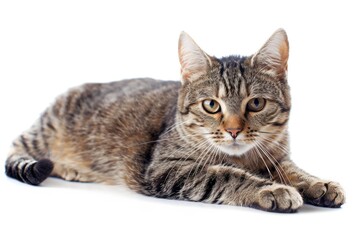 Fototapeta premium Relaxed tabby cat resting comfortably on a white background