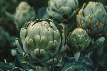 Obraz premium Fresh artichokes in a lush garden during late afternoon sunlight in a vibrant green landscape. Close-up