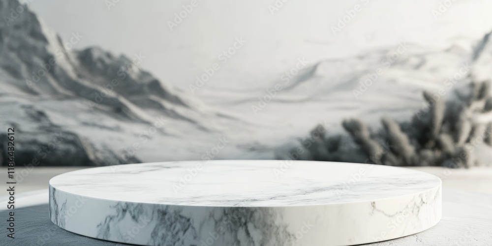 Poster a round tabletop made of white marble sits in the foreground, with a scene behind it that is slightl