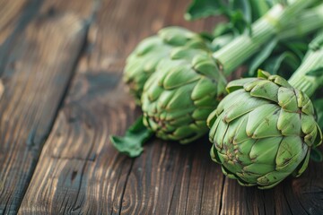 Obraz premium Freshly harvested artichokes resting on wooden table after being picked from the garden in the early morning light. Place for text