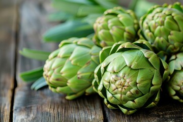 Obraz premium Fresh green artichokes arranged on rustic wooden table with vibrant leaves highlighting their natural beauty and freshness. Close-up