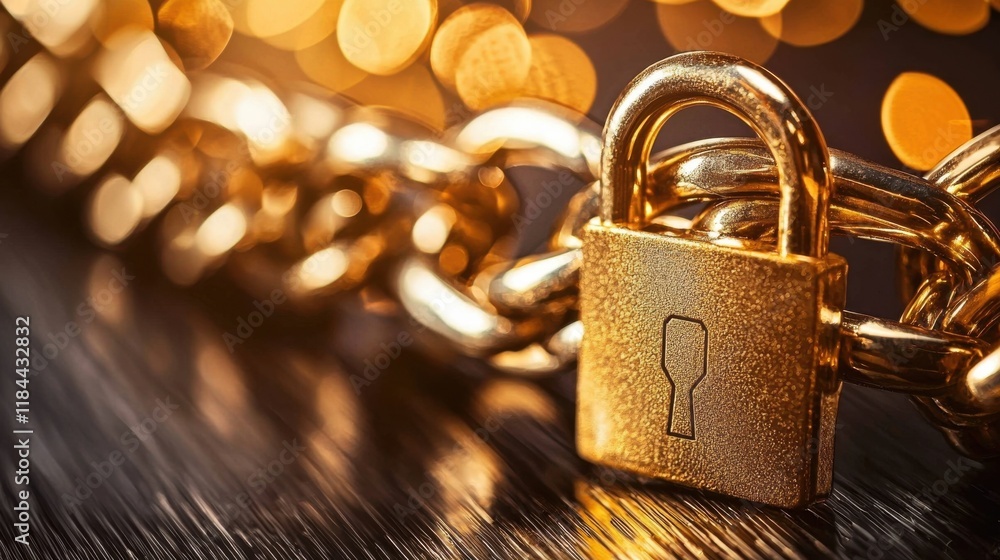 Poster close up shot of a golden metallic padlock with shiny reflections and a bokeh background