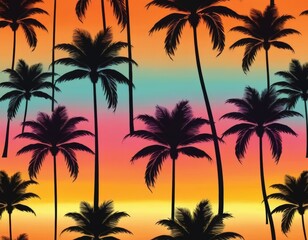 Silhouette Palm Trees at Sunset: Vibrant Tropical Summer Background, Seamless Pattern