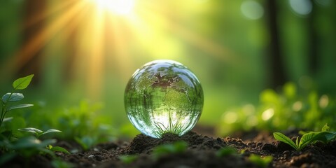 Glass Globe Earth, Green Nature, Sunrise