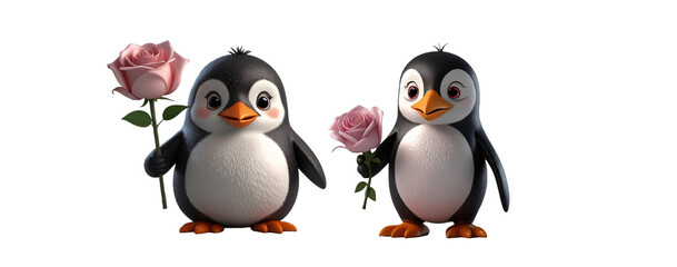 Obraz premium two penguins isolated on white. two penguins with flowers. penguin. rose.