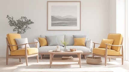 Bright white living room featuring vibrant yellow armchairs, adorned with a colorful poster that adds a playful touch to the modern decor.