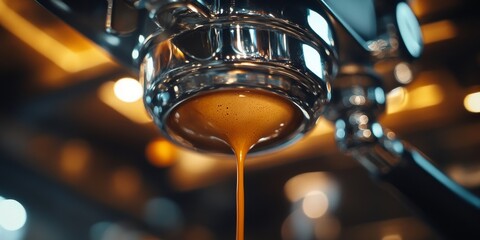 Low angle shot showcasing the process of pulling an espresso shot with a naked portafilter, capturing the rich details and textures of espresso extraction in a wide photo format.