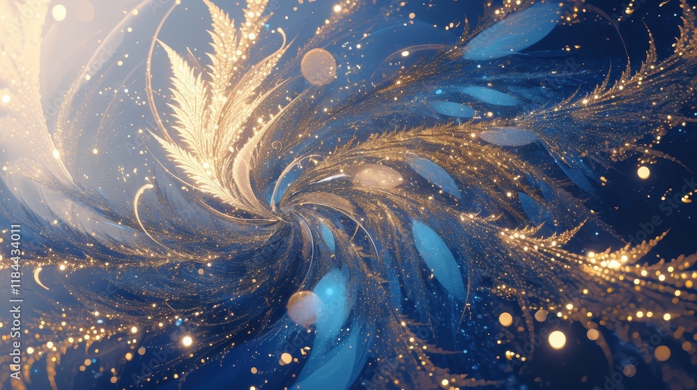 Poster glittering fantasy fractal, a mesmerizing abstract texture featuring shimmering golden and blue spar