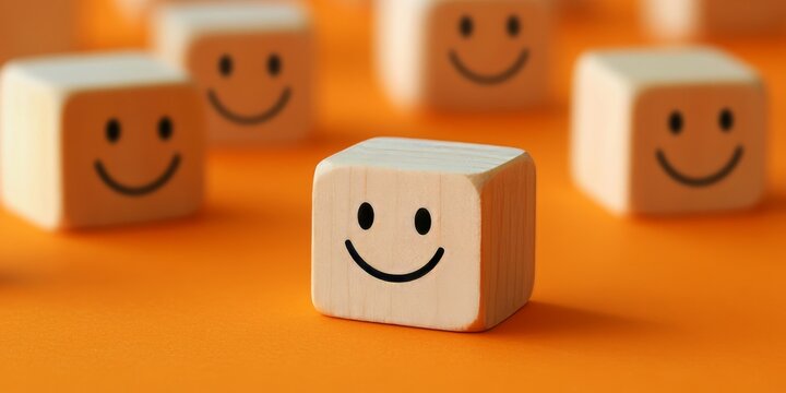 Wooden blocks featuring a happy face symbolize customer satisfaction on an orange background. These wooden blocks represent an evaluation of increase in ratings and excellent service experience.