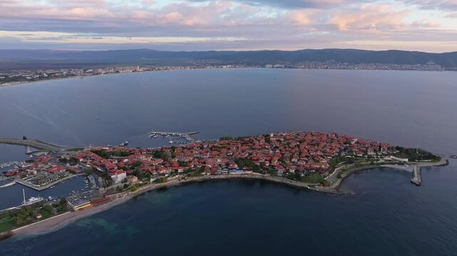 Aerial view of old Nessebar at sunrise with the Black Sea and picturesque coastline, Nesebar, Bulgaria.