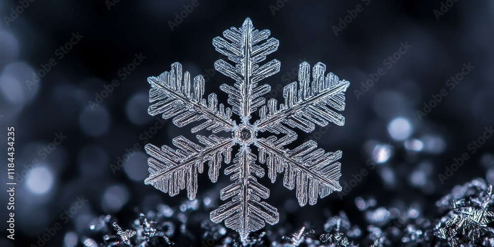 Poster a detailed view captures a fragile snowflake against a dark backdrop, showcasing the intricate patte